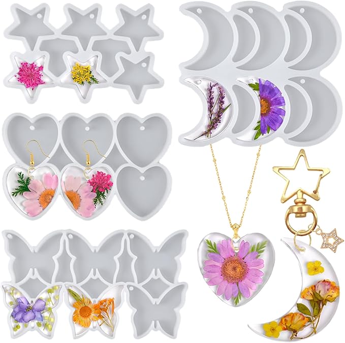 Resin Jewelry Molds, 4pcs Resin Earring Molds with Holes Keychain Making Kit, Butterfly Star Moon Heart Silicone Mold for UV Epoxy Crafts DIY Earrings, Necklace, Pendants, Keychains