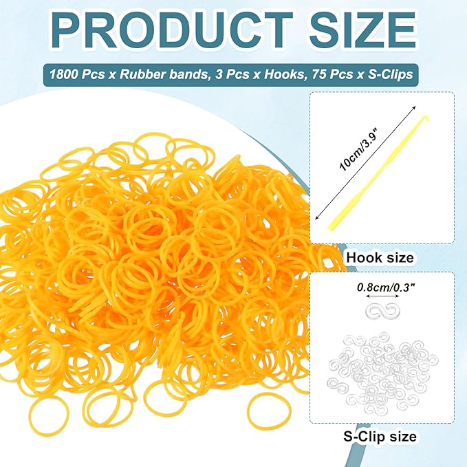MECCANIXITY 1800 Pcs Loom Rubber Bands Kit with 75 Pcs S-Clips 3-Hooks Rubber Bands Refill Bracelet Making Kits for Weaving DIY Handcrafts Gift, Fluorescent Orange