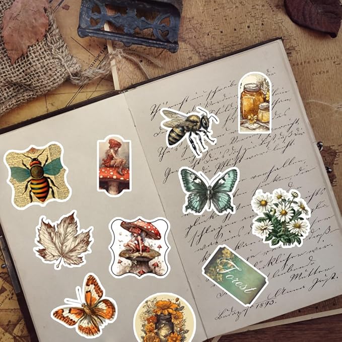 50Pcs Waterproof Vintage Stickers, Scrapbooking Supplies Kit,Aesthetic Decorative Craft Sticker for Planner, Bullet Journaling, Junk Journal, Water Bottles, Laptop, Retro Craft.Butterfly