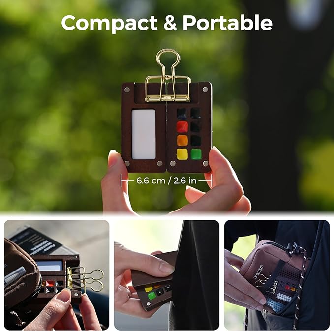 Funto Mini Watercolor Paint Set, All-in-One Walnut Wood 8-Color Premium Pocket Travel Paint Kit, with Crossbody Bag, Watercolor Journal, Metal Clip, Paint Water Cup, Water Brush, Ideal for Art Lovers