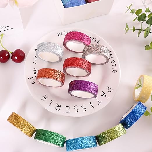 12 Rolls Glitter Washi Tape Set – 15mm Rainbow Colored Masking Tape, Sparkle Decorative Tape for DIY, Art, Scrapbook Tape, Decor & Crafts