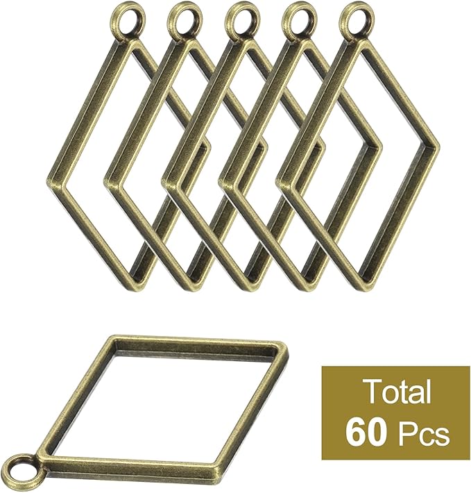 uxcell 60Pcs Alloy Open Bezel Pendants, Diamond Shape Hollow Frame Pendant Geometric Open Back Frame Pendant for Resin Jewelry Making Earrings Necklace Bracelet DIY, Bronze