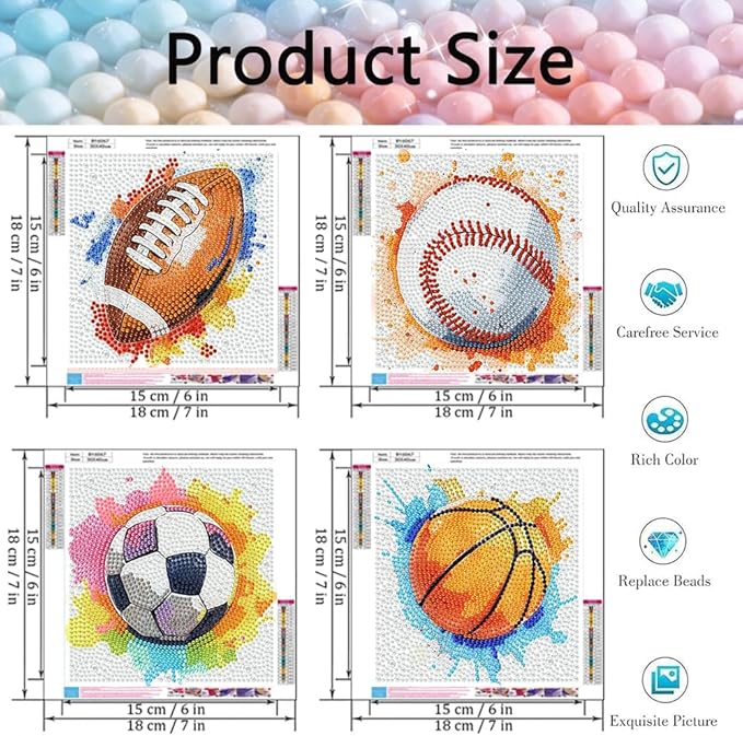 Tiwabb 4 Pack 5D Box Diamond Art Kits for Kids Ages 8-12,Ball Sports Diamond Painting for Kids Beginners,Full Drill Gem Art for Kids DIY Crafts for Girls 8-12,for Home Decor 7x7 Inch