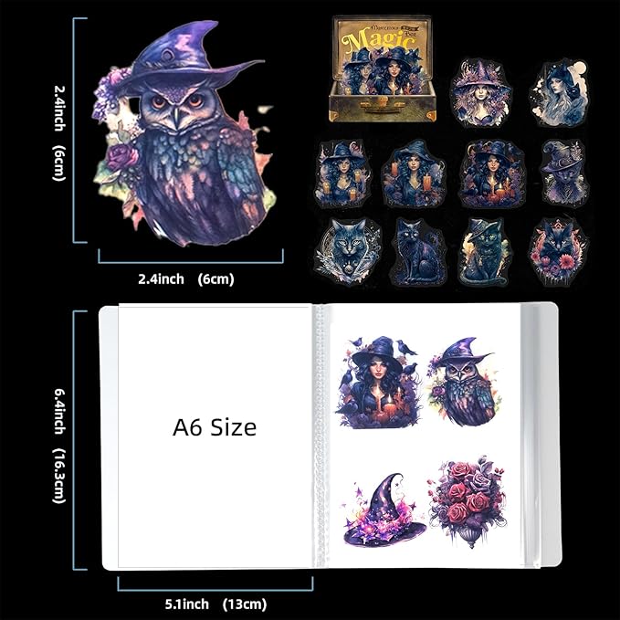 120Pcs Gothic Fantasy PET Stickers with Organizer – 60 Unique Designs Waterproof Vintage Stickers for Scrapbooking, Journals, and DIY Crafts