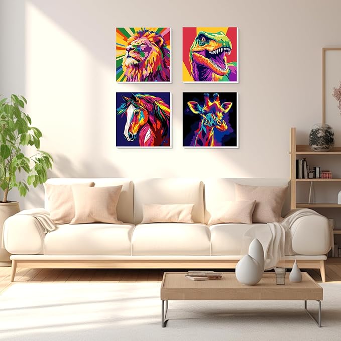 Lxmsja 4 Pack Pop Neon Animal Paint by Numbers Kit for Adults, Easy Framed Paint by Numbers for Adults Beginner, DIY Acrylic Oil Painting Craft Kits for Home Wall Decor 8x8 inch