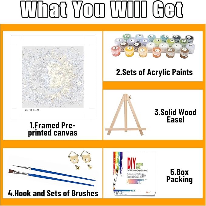 Axquilon Framed Paint by Numbers Kit for Adults-Sun and Moon Adult Paint by Number Kits with Easel, Easy Adults' Paint-by-Number Kits Oil Painting for Gift Home Wall Decor 8x8in