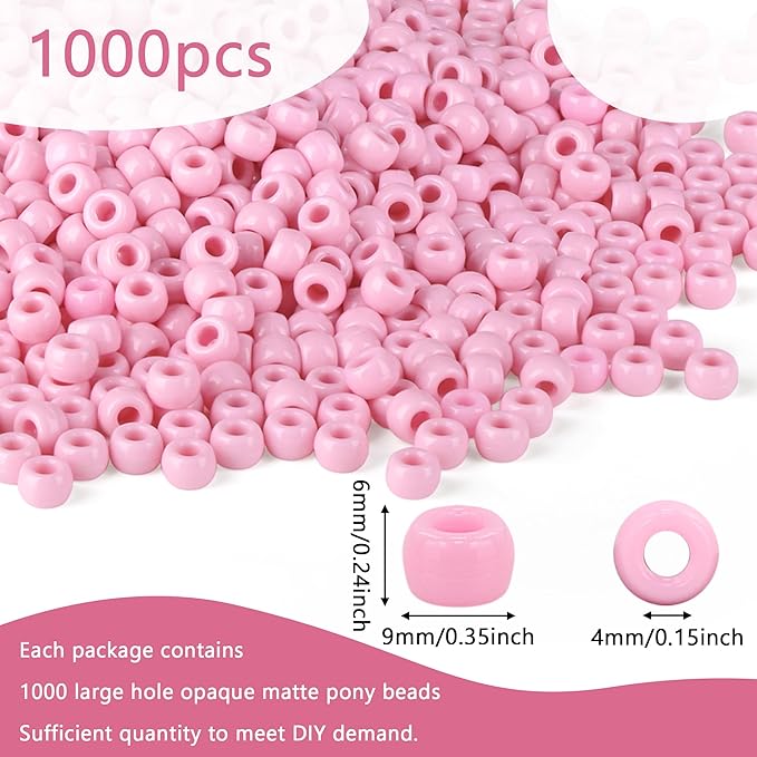 Pink Pony Beads 1000Pcs 9mm Pony Beads Bulk Pink Beads for Friendship Bracelets Kandi Beads Hair Beads for Braids Beads for Crafts