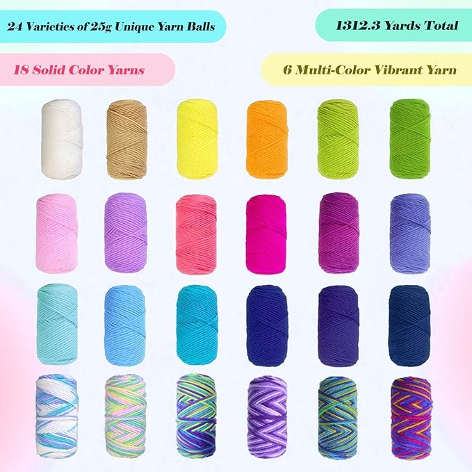 Yarniss Crochet Yarn Kits for Starter, 1312 Yards Acrylic Crochet Yarn for Crafts,24 Colors Knitting Yarn Skeins with 4.0mm Crochet Hook
