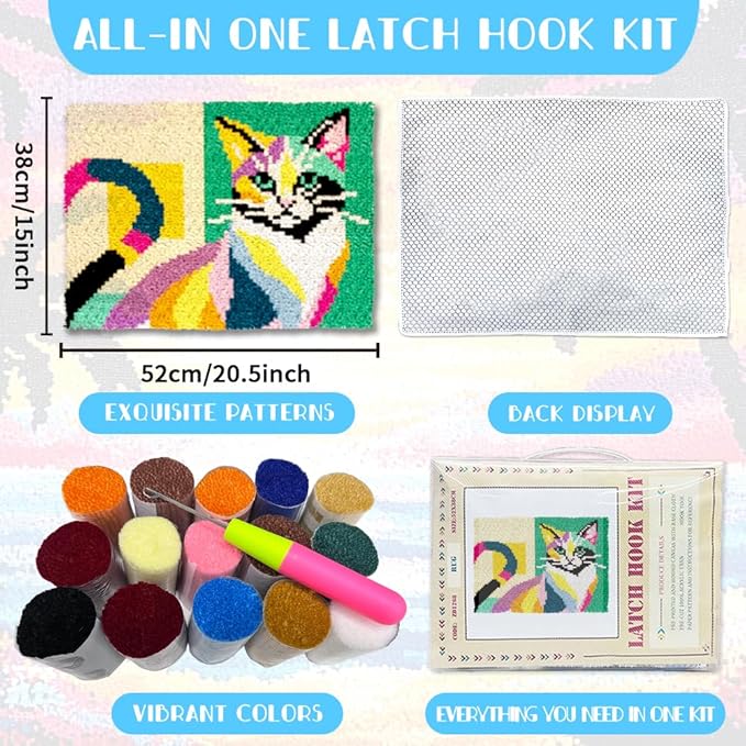 ORIGACH Colorful Abstract Cat Latch Hook Rug Kit for Adults Printed Rug Making Kit Handmade Carpet Tapestry Cover with Hook Latch and Preprinted Canvas, Home Arts Crafts Sofa Decor, 20.5x15inch