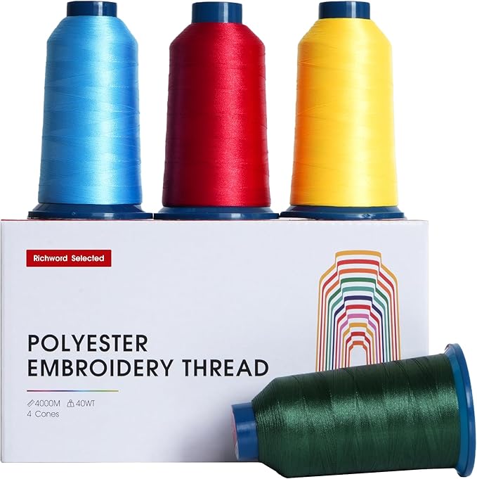 Poolin Maca Embroidery Machine Thread Richword Selected 4 Rolls 4000M(4374Y) 40WT Polyester Thread for All Commercial Multi Needles and Single Needle Embroidery Machines
