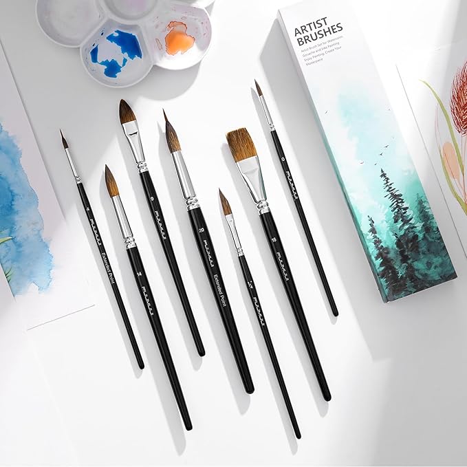 Watercolor Brush Set, Fuumuui 7pcs Professional Sable Paint Brushes with Extended Needle, Round Point, Flat, Dagger, Cat's Tongue for Watercolor, Acrylic, Gouache – Detail & Wash Painting