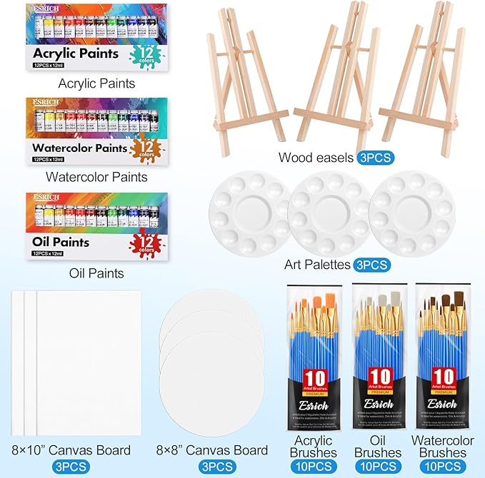 ESRICH 78Pack Acrylic Paint Set, Painting Kits for Adults, Paints Kit With3 Pack of 12 Colors Paint 3 Sets of Wooden Easels, Canvas, Brushes, Palette, Art Paint Supplies Kit for Adults Beginner