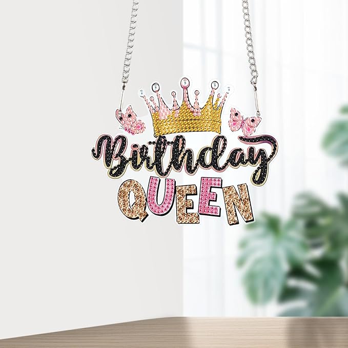 AiYuanzsh Birthday Queen Diamond Painting Hanging Sign – 5D DIY Diamond Art Kit with Crystal Rhinestones, Wall Door Window Decoration, Gift for Women or Adults