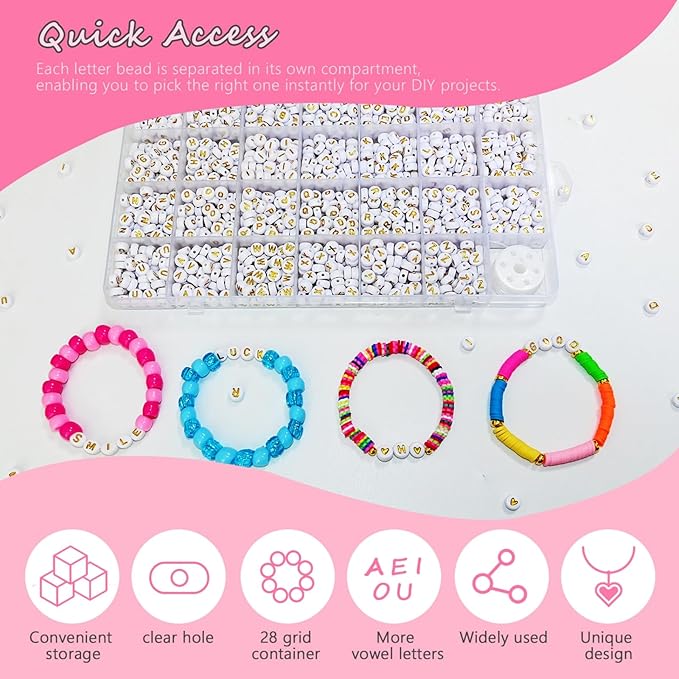Looconi 1400pcs Letter Beads A-Z 4x7mm White On Gold Round Acrylic Alphabet Heart Beads and Beading Cord for Jewelry Making Bracelets Necklaces Key Chains