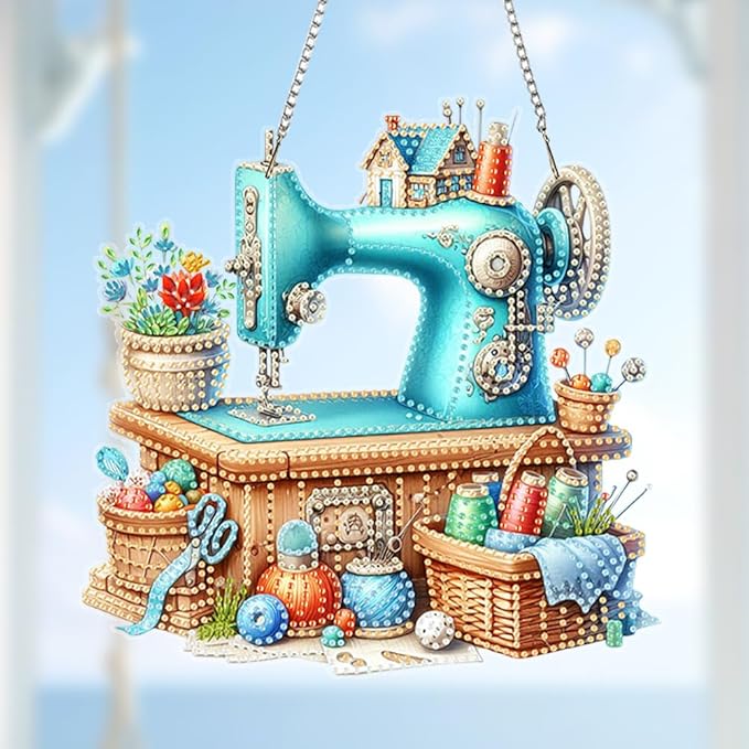 POETRYDRAW DIY Hanging Diamond Art Pendant Kit, 5D Blue Sewing Machine Special Shaped Crystal Diamond Art Window Acrylic Pendant Ornament Wall Art Suncatchers Sign for Home Decoration
