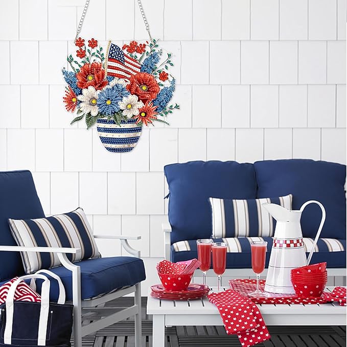 DOMROM 4TH of July Diamond Art Hanging Kit for Adult, Flower Diamond Art Hanging Kit, Patriotic DIY Diamond Art, Independence Day Diamond Hanging Pendant, Window Pendants Garden Wall Hanging Ornament