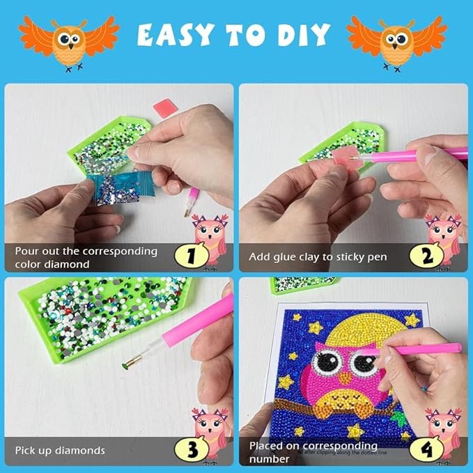 QEUOYSS Diamond Art Kit for Kids with Wooden Frame Art and Crafts for Kids Ages 6-8 -10-12 Easy to DIY Diamond Art for Kid and Adult Beginners Home Wall Decoration (Pink owl)