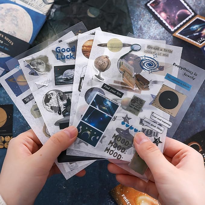 Scrapbook Kit Junk Journal Supplies with A6 Grid Notebook,154 Pieces Space Stationery Set with Cosmic Stickers and Paper for Women Teens, Blue Celestial Theme