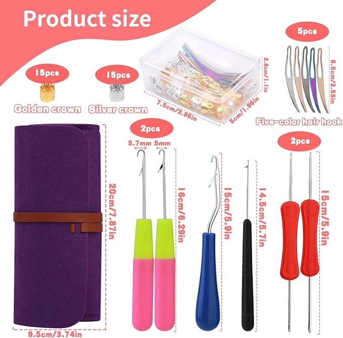 Dreadlock Crochet Hook, 48 Pcs Loc Crochet Needle, 6 Dreadlock Crochet Needle, Crochet Hooks for Hair, Different Size Bent Latch Hook with Case and Dreadlocks Tool (Purple)