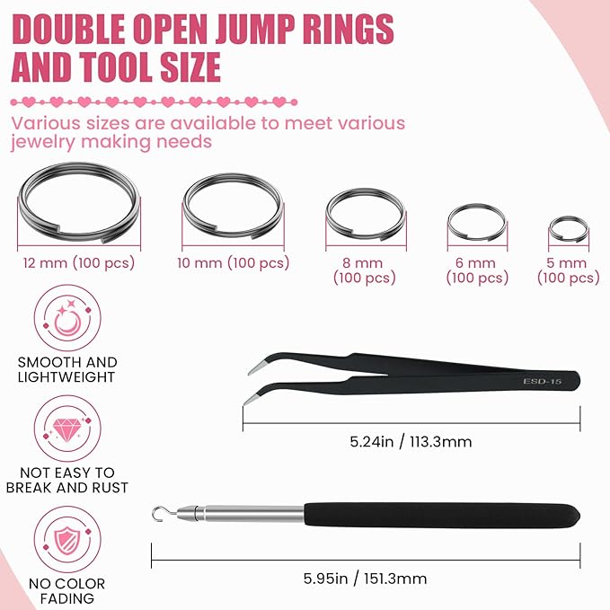500 Pcs Double Open Jump Rings Kit, Zinc Alloy Mini Round Split Craft Jump Keychains Key Ring with Double Loops Connectors for Jewelry Making, Bracelets, Necklace, DIY (5, 6, 8, 10, 12mm)