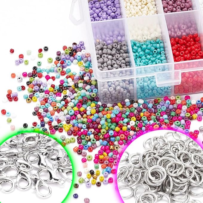 7920 Pcs 3mm Glass Seed Beads Bracelet Making Kit, Small Beads Friendship Jewelry Craft Kit with Lobster Clasps, Jump Rings & Elastic Cord, DIY Art Craft Gift for Girls