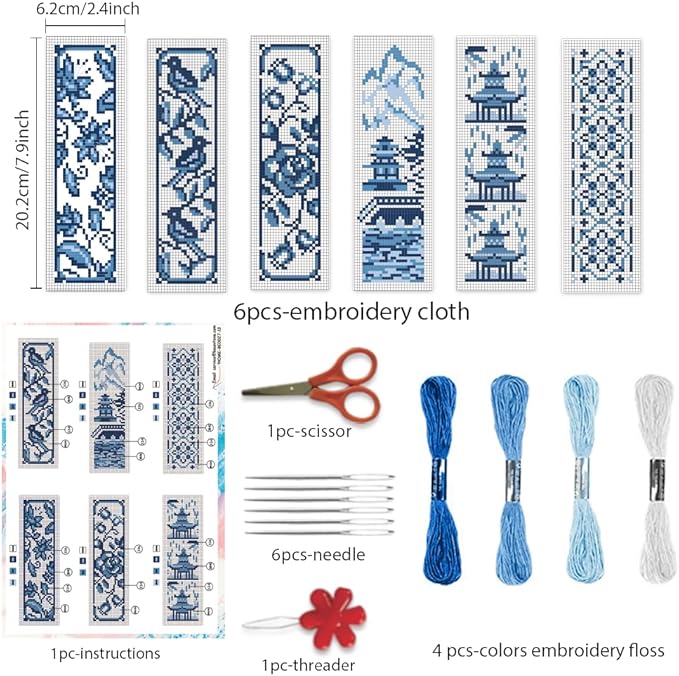 BEUNITONE Cross Stitch Bookmark Kit 6 Pcs Watercolor DIY Bookmarks Cross Stitch Kits for Beginners Birds Flower Stamped Embroidery Bookmark with Landscape Patterns Craft Kit for Gifts 8''x2.4''