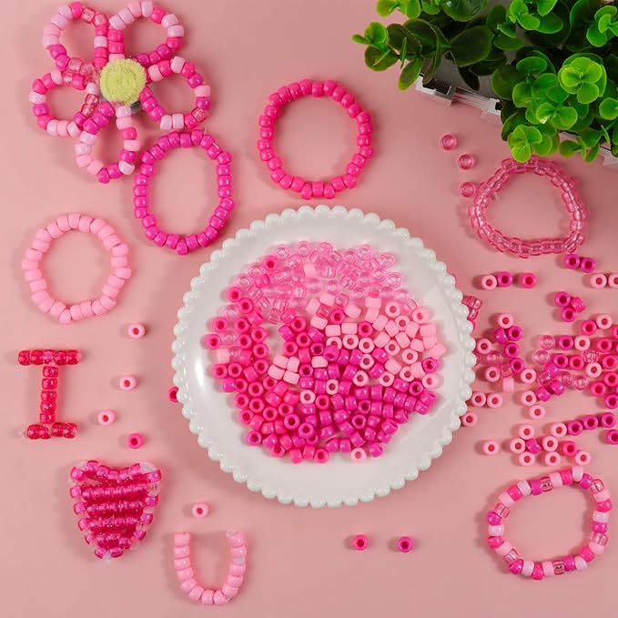1200Pcs 6x9mm Pony Bead for Bracelet Making Kit, 5 Style Pink Colors Kandi Beads Bulk for Friendship Bracelet Kit, Hair Beads for Braids with Stretch Cord and Scissors