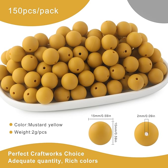 150Pcs 15mm Silicone Beads for Keychain Making Bracelet Necklace, Bulk Round Silicone Beads for Pens(Mustard Yellow)