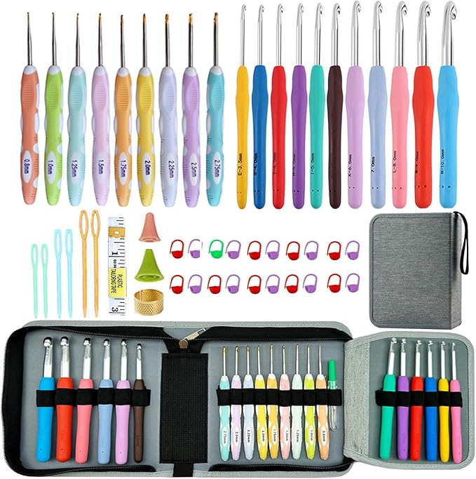 Mdoker 21 Sizes Crochet Hooks Set,Ergonomic Crochet Hook with Case for Arthritic Hands,Complete Crochet Set for Beginners & Lovers(0.8mm-10mm)