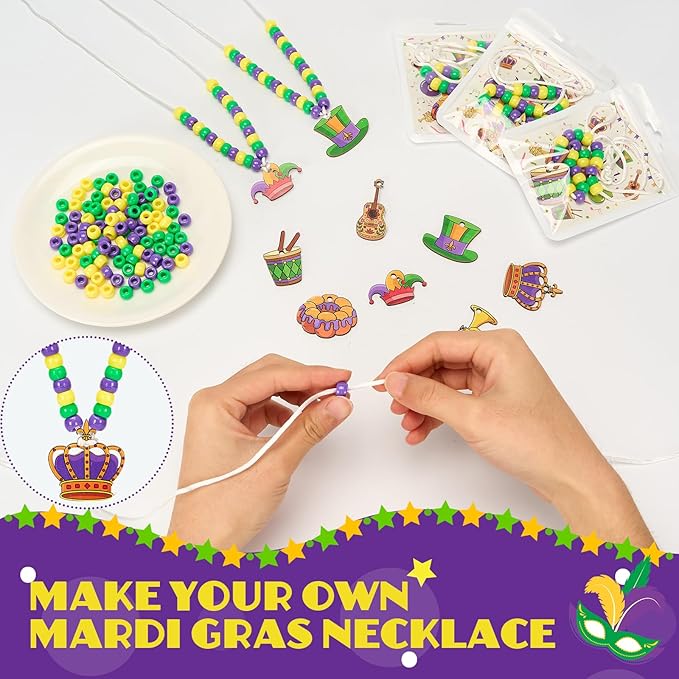 Bafeil Mardi Gras Crafts Beads Necklace Making Kit 24 Sets - Arts and Crafts DIY Bulk with Mask Crown Jester Court Hat Charms, Carnival Party Favors Birthday Family Craft Activities