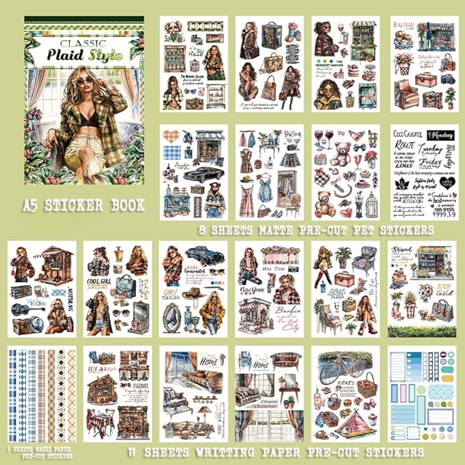 Dwpetzo Classic Plaid Pe-Cut Journaling Sticker Book for Women, PET, Washi, and Craft Paper Stickers for Junk Journal Supplies, Scrapbooking, Planner, Bujo, Collage, 20 Sheets, A5 Size