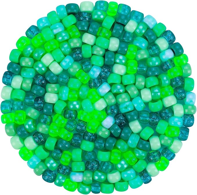 Plastic Pony Beads for Jewelry Making, 1200 Pieces, Multi-Color, 0.35 x 0.22 inch, DIY Craft Beads for Bracelets and Hair Braids (Green)
