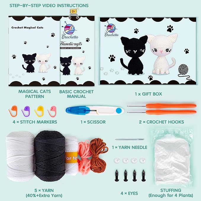 Crochet Kit for Beginners, Crochet Starter Kit with Step-by-Step Video Tutorials, Crochet Animal Kits for Adults, DIY Craft Supplies (Magical Cats)