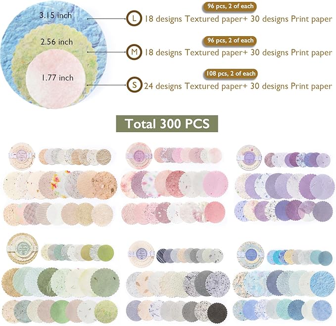 300Pcs Scrapbook Supplies Kit, Round Edge Colorful Textured Embossed Rice Decoupage Paper for Scrapbooking, Junk Journaling, Card Making, Mixed Media Collage, Vibrant DIY Decorative Materials Gift Set