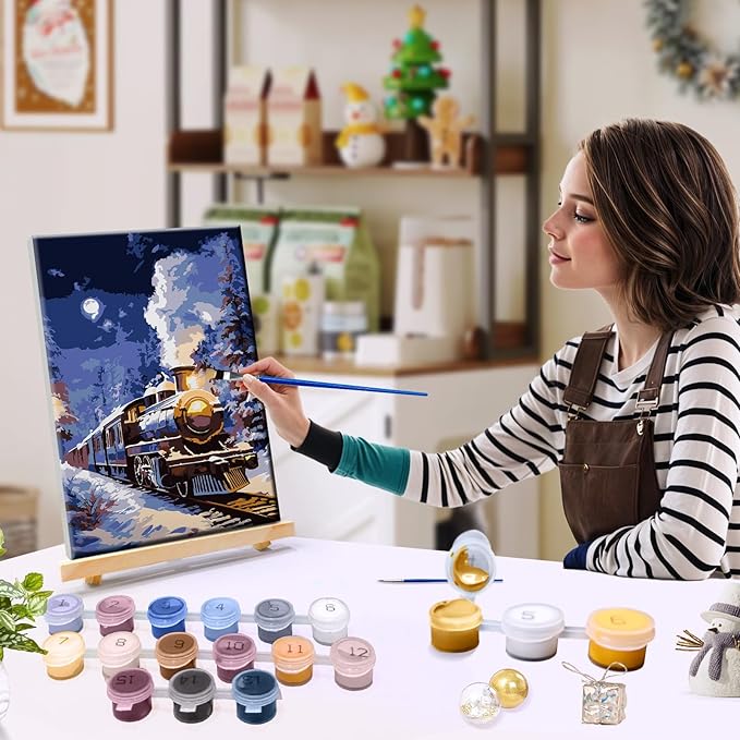 JOOZ Christmas Paint by Numbers Kit for Adults with Frame Train Paint by Number with Easel Christmas Tree Adult Paint by Number Kits Framed DIY Moon Oil Painting Kits for Home Wall Decor 8x12 Inch