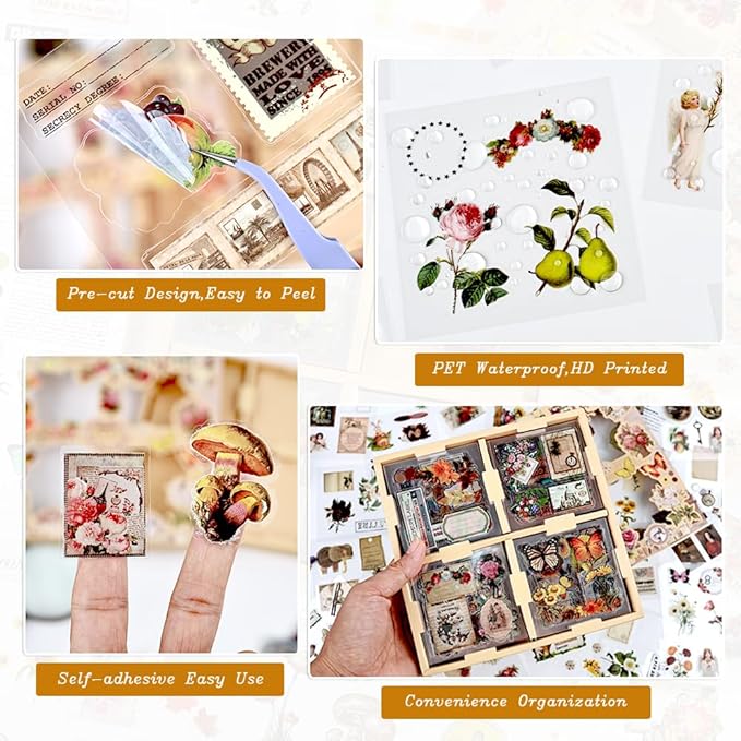 510PCS Scrapbook Kits for Adults, Vintage Aesthetic Journaling Stickers Ephemera for Junk Journal Supplies, 100 Sheets Diecut PET Scarpbook Stickers for Scrap Booking Supples, Bujo, DIY Crats Ars