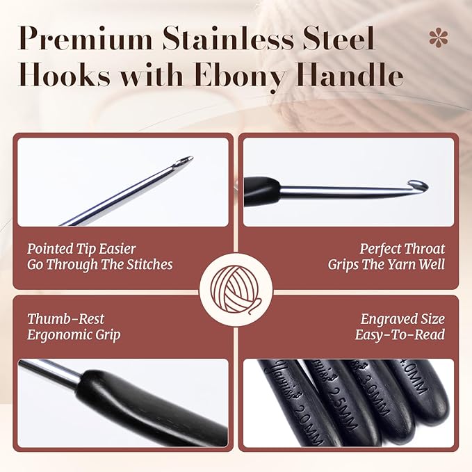 Yarniss Artisan Stainless Steel Crochet Hooks Set,2.0-4.0mm Handmade Crochet Needle with Ebony Handle for Beginners,Gift for Crocheter