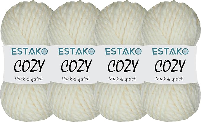 Estako Cozy Thick & Quick Yarn (4 Skeins Pack) 20% Wool 80% Acrylic Soft Super Bulky Weight #6 Knitting and Crocheting Yarn (4 x 3.52 Oz) / (4 x 65 Yrds) (50299-Cream)