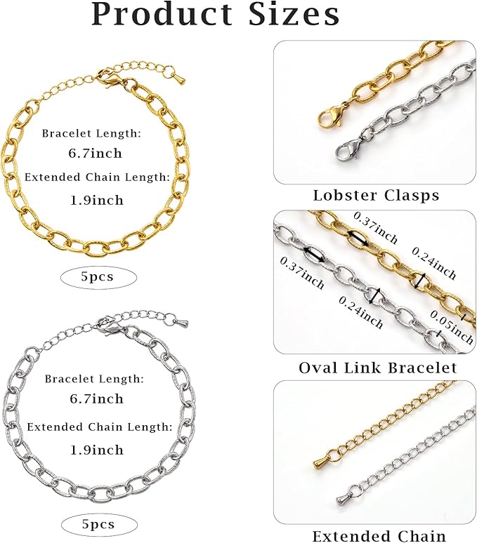KYUNHOO 6.7 Inches Bracelet Chain for Jewelry Making 10pcs Stainless Steel Jewelry Links on Bulk Silver and Gold Plated Embossed Oval Chains for Bracelets DIY with Extender