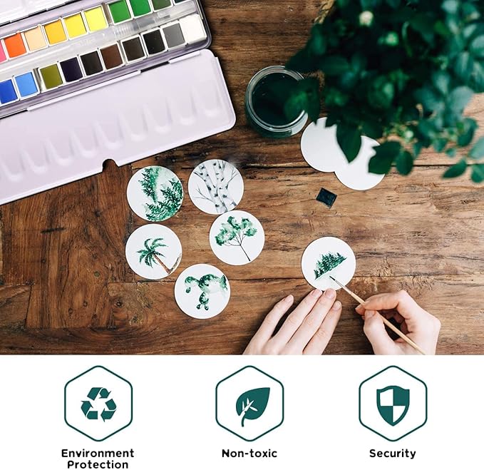 24 Colors Solid Watercolor Paint Set with Refillable Water Brush, Artist-Grade Half Pans in Tin Box - Professional Watercolor Kit for Artists, Adults, Beginners and Painting lovers