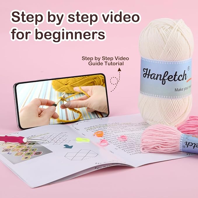 Hanfetch Crochet Kit for Advanced or Intermediate Beginner, Step by Step Video Tutorial and Detailed Guide Instruction DIY Craft Supplies for Adult and Kid with Complete Kit for Granny Square Tote Bag