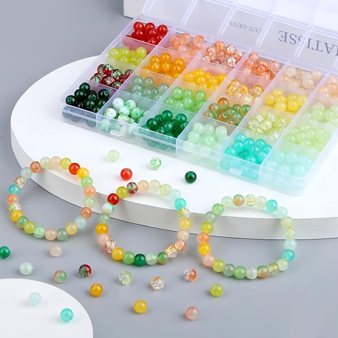 DUQGUHO 8mm Red Yellow and Green Beads for Bracelets Glass Beads for Jewelry Making 24 Colors Round Beads Bulk 520PCS