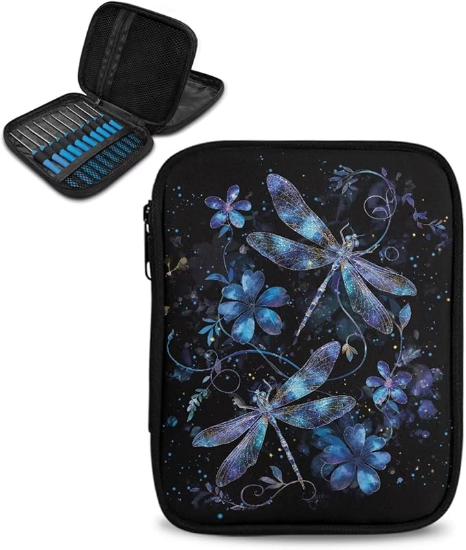 Hechitok Dragonfly Flower Empty Crochet Hook Case Portable Travel Crochet Storage Bag Organizer Zipper Bags with Web Pocket and Crochet Holder Slots for Crochet Knitting Accessories