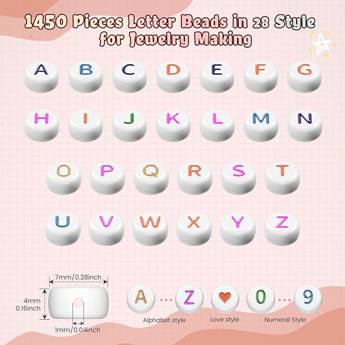 1400 Pcs Letter Beads Kit, 28 Styles White Acrylic Alphabet Beads Letter Beads for Jewelry Making wiht Number Beads Heart Beads Friendship Bracelet Kit