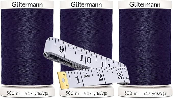 Gutermann Sew-All Thread (500m/547yd Each), 3-Pack Bundle with Bella's Crafts Soft Tape Measure (Midnight - 278)
