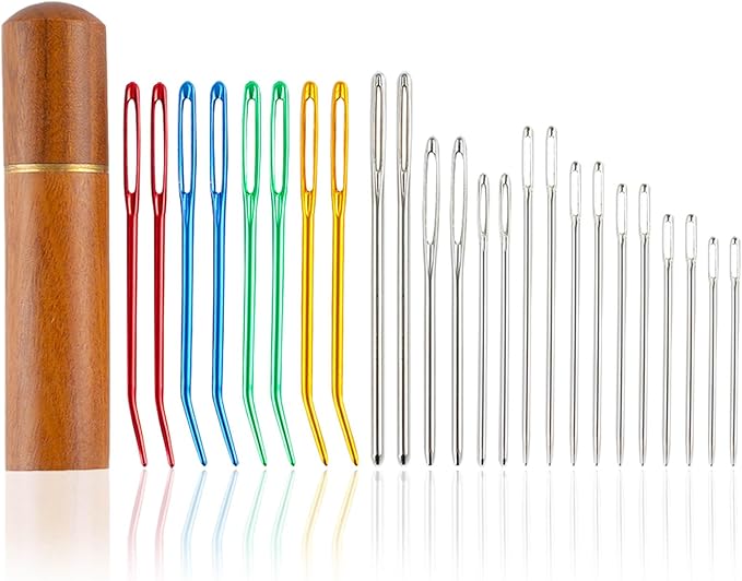 24pcs Large Eye Sewing Needles Kit, Stainless Steel Blunt Darning Needles & Bent Tapestry Needles & Sharp Hand Knitting Needles with Wooden Case,Perfect for Crochet/Darning/Yarn/Embroidery Projects