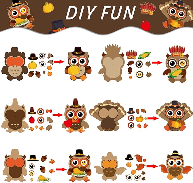 30Pcs Thanksgiving Craft Kits DIY Owl Craft, Thanksgiving Fall Art Craft Make Your Own Card Sticker Set for Home Game Activities