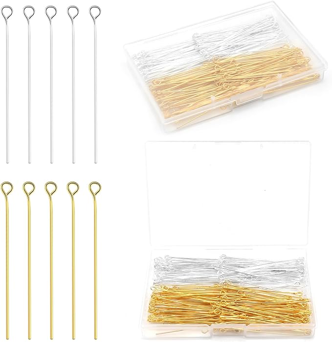 200 Pcs 50mm Straight Eye Pins for Craft Earring Bracelet Necklace Pendant DIY Jewelry Making, Silver & Gold Color