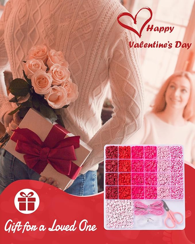 Goldwise Valentine's Day Friendship Bracelet Kit, Pink Beads, Jewelry Making Kit with Pink Clay Beads, Letter Beads and Charms, GIFS for Fans, Couples and Best Friends
