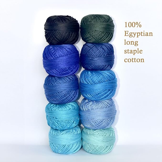 Double Mercerized Egyptian Long Staple Cotton Pearl Thread Ball 10 Grams Rainbow Color Embroidery Thread 10 Colors per Box for Crochet Hardanger Cross Stitch Hand Embroidery,Blue Series
